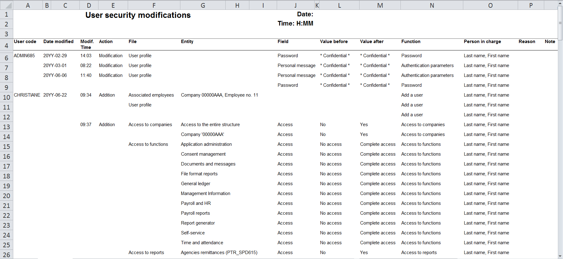 User security modificationsExcel